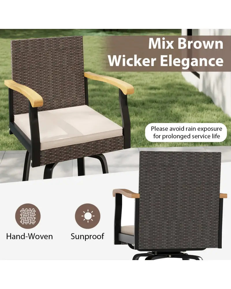 Outdoor 360° Swivel Bar Stool with Cushion and Acacia Wood Armrests-F-Brown - Brown - Patio Bar Furniture