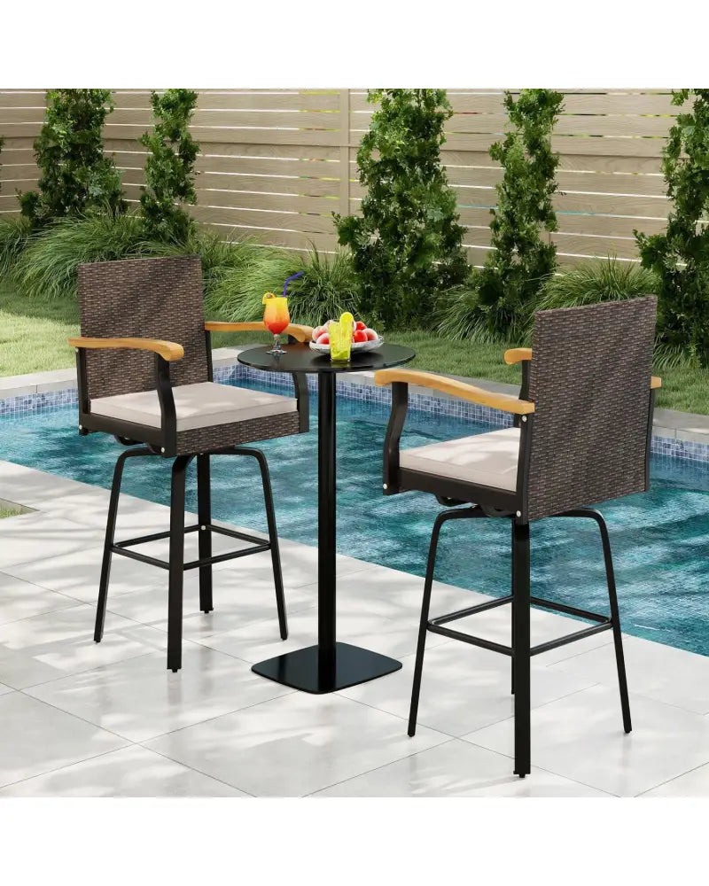 Outdoor 360° Swivel Bar Stool with Cushion and Acacia Wood Armrests-F-Brown - Brown - Patio Bar Furniture