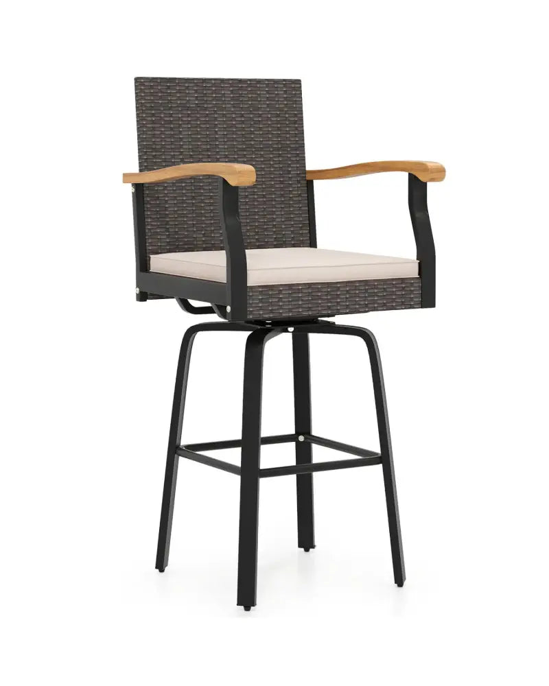 Outdoor 360° Swivel Bar Stool with Cushion and Acacia Wood Armrests-F-Brown - Brown - Patio Bar Furniture