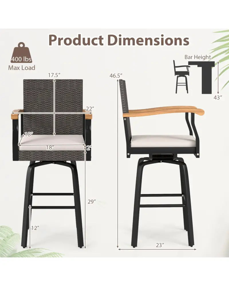 Outdoor 360° Swivel Bar Stool with Cushion and Acacia Wood Armrests-F-Brown - Brown - Patio Bar Furniture
