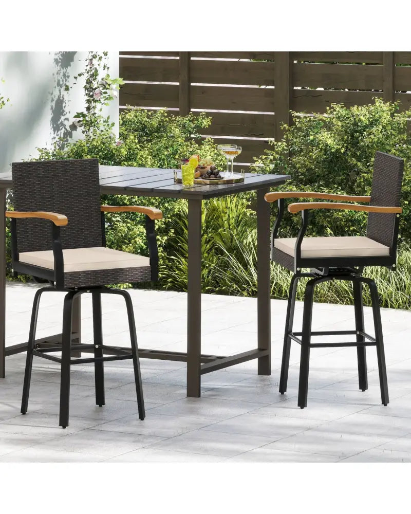 Outdoor 360° Swivel Bar Stool with Cushion and Acacia Wood Armrests-F-Brown - Brown - Patio Bar Furniture