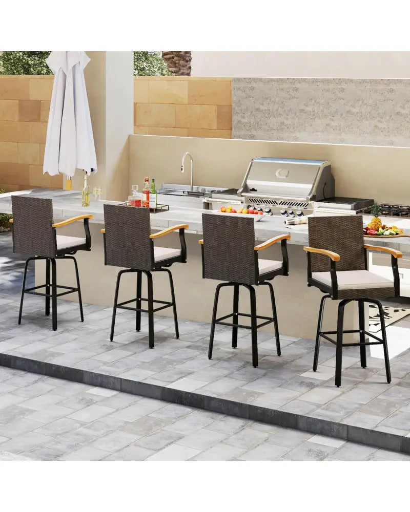 Outdoor 360° Swivel Bar Stool with Cushion and Acacia Wood Armrests-F-Brown - Brown - Patio Bar Furniture