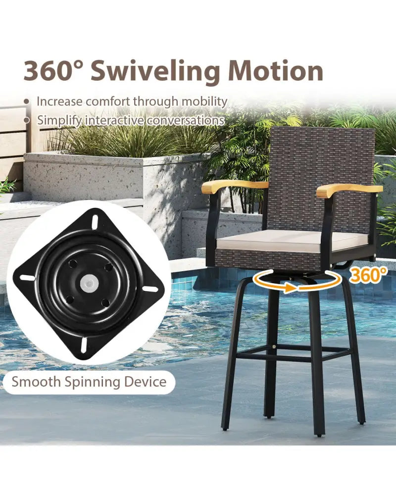 Outdoor 360° Swivel Bar Stool with Cushion and Acacia Wood Armrests-F-Brown - Brown - Patio Bar Furniture