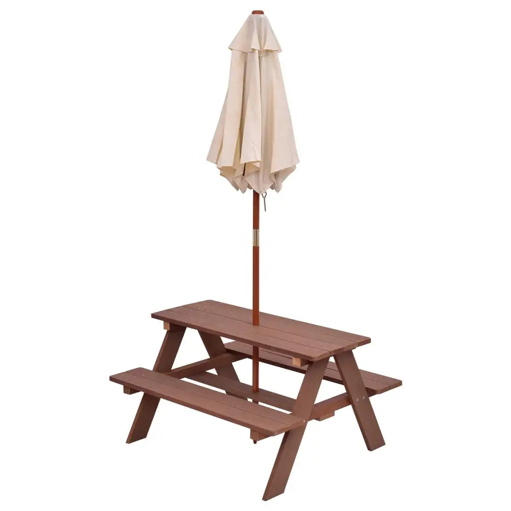 Outdoor 4-Seat Kid’s Picnic Table Bench with Umbrella - Brown - Kids Table & Chair Sets