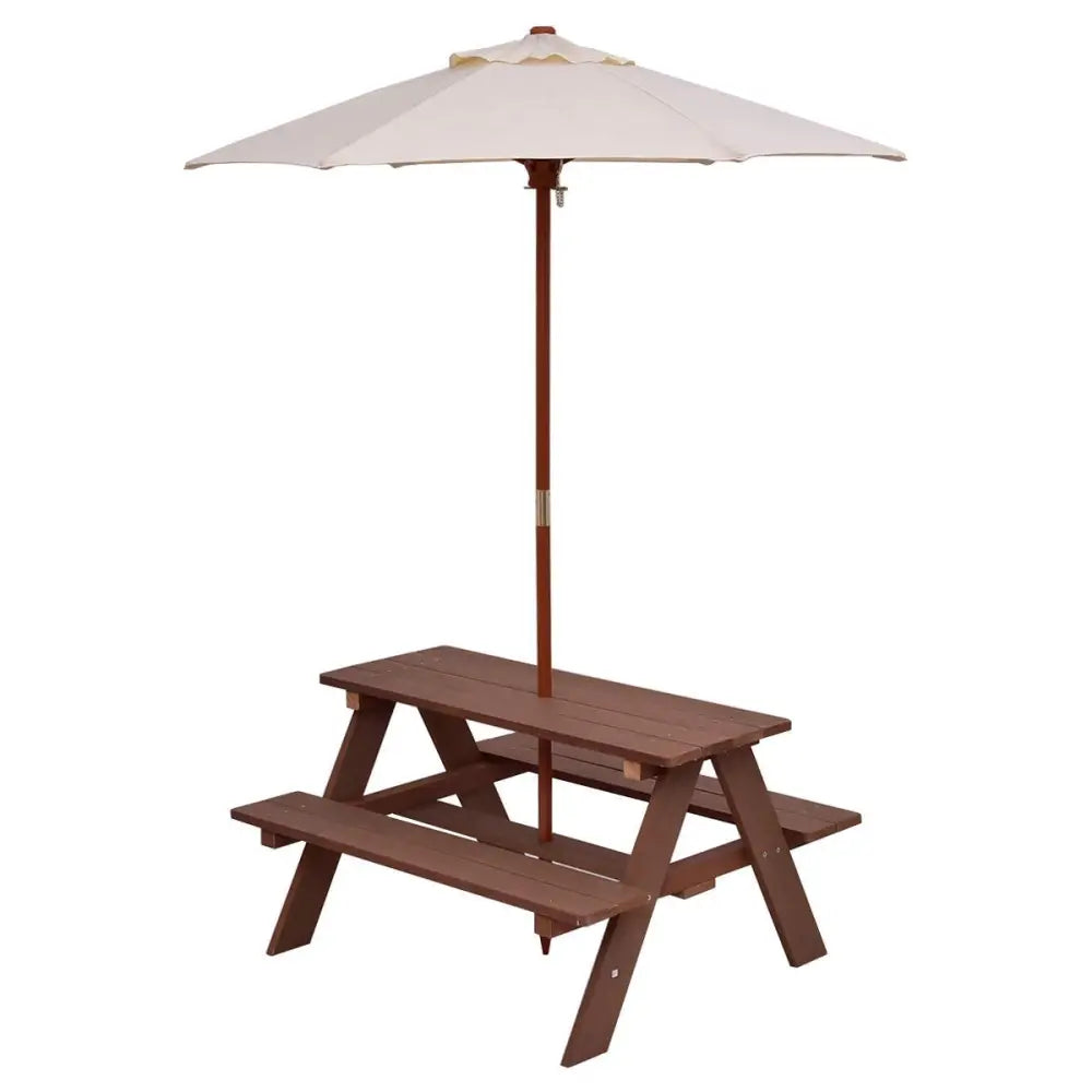 Outdoor 4-Seat Kid’s Picnic Table Bench with Umbrella - Brown - Kids Table & Chair Sets