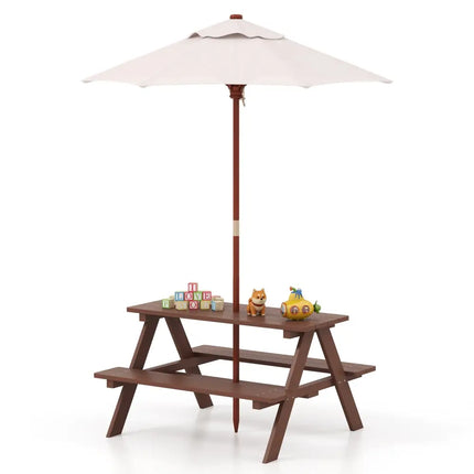 Outdoor 4-Seat Kid’s Picnic Table Bench with Umbrella - Brown - Kids Table & Chair Sets