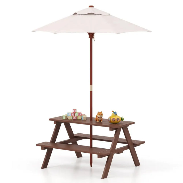 Outdoor 4-Seat Kid’s Picnic Table Bench with Umbrella - Brown - Kids Table & Chair Sets