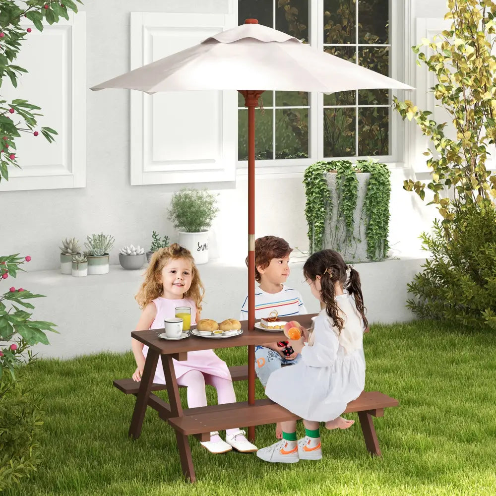 Outdoor 4-Seat Kid’s Picnic Table Bench with Umbrella - Brown - Kids Table & Chair Sets