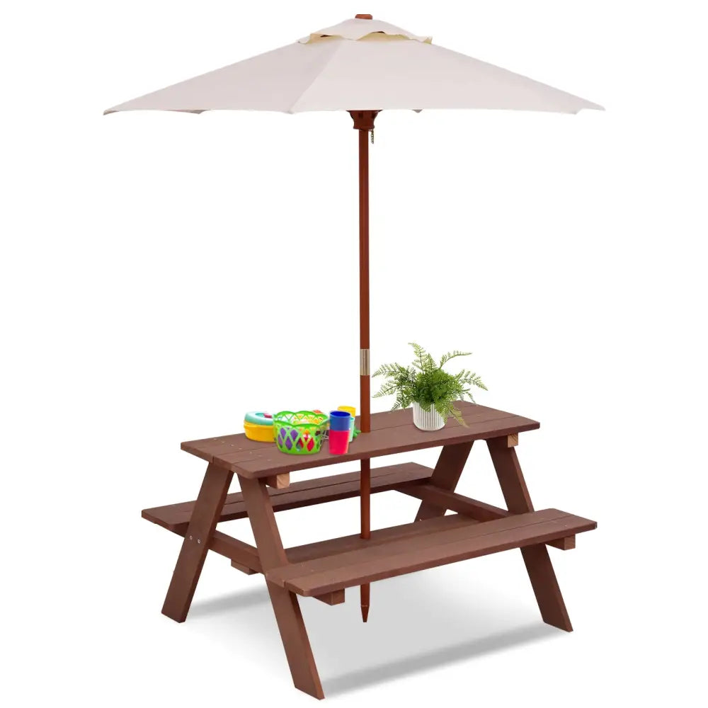 Outdoor 4-Seat Kid’s Picnic Table Bench with Umbrella - Brown - Kids Table & Chair Sets