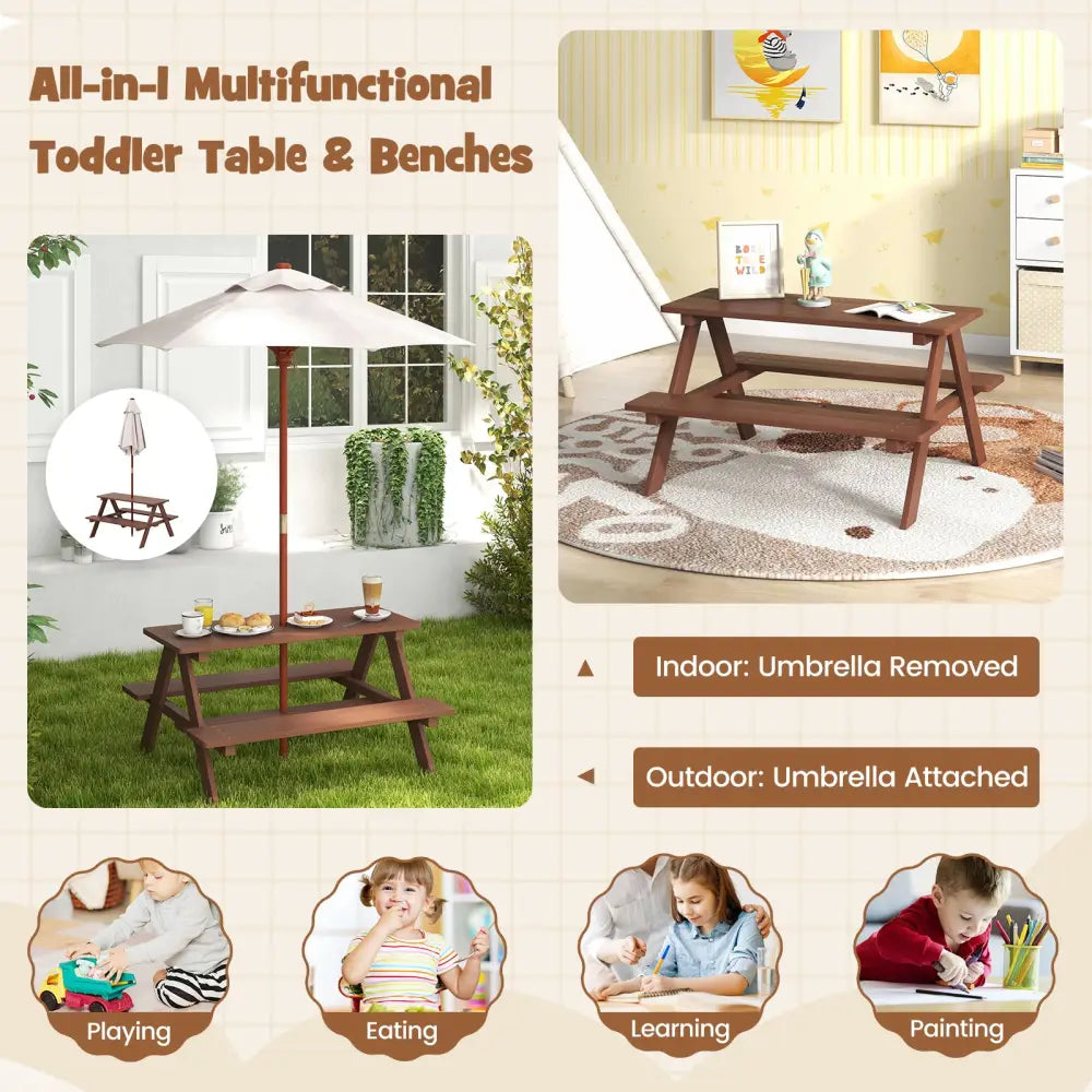 Outdoor 4-Seat Kid’s Picnic Table Bench with Umbrella - Brown - Kids Table & Chair Sets