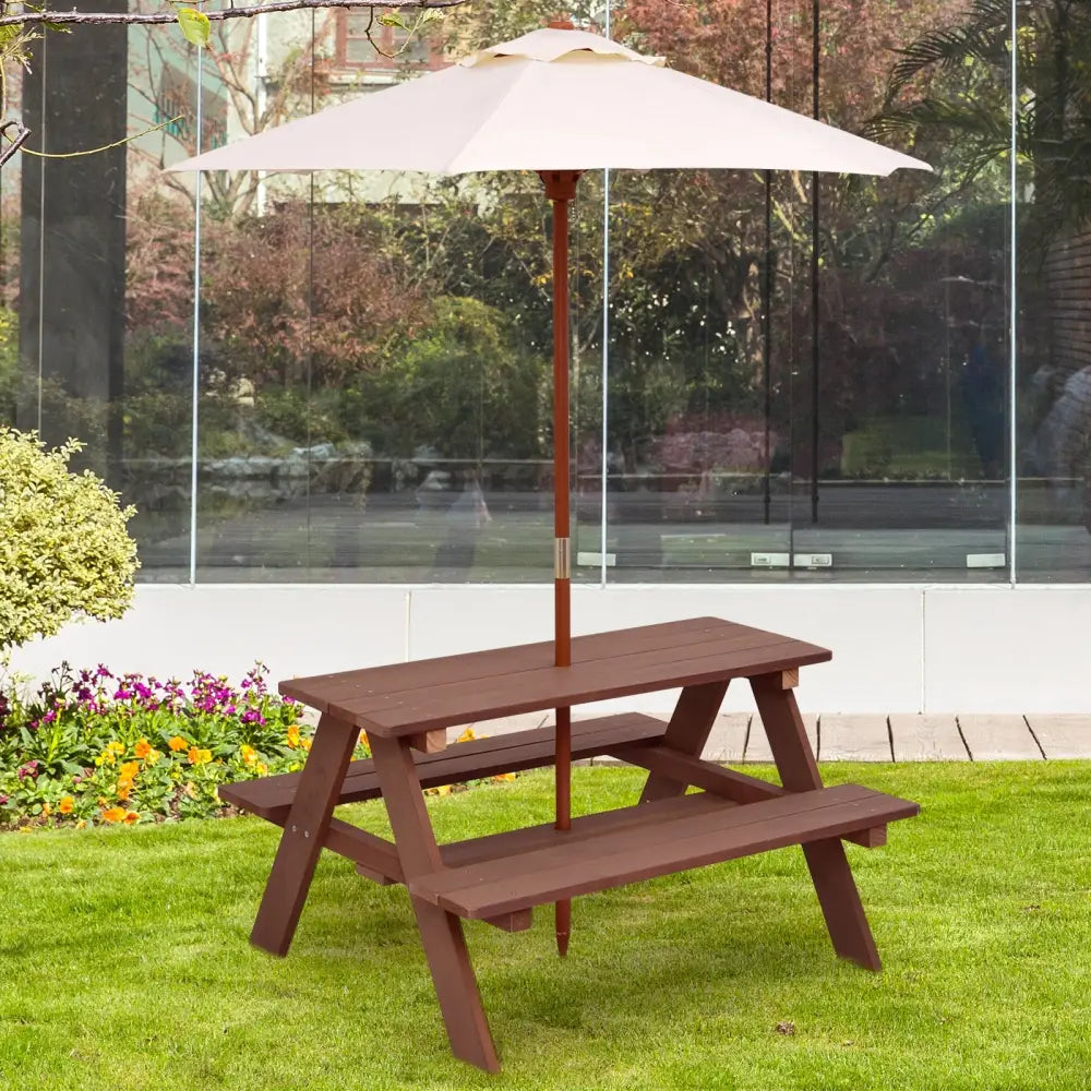 Outdoor 4-Seat Kid’s Picnic Table Bench with Umbrella - Brown - Kids Table & Chair Sets
