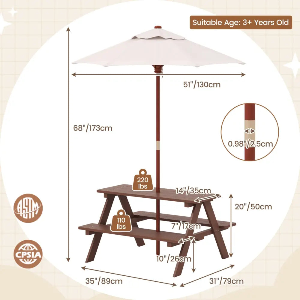 Outdoor 4-Seat Kid’s Picnic Table Bench with Umbrella - Brown - Kids Table & Chair Sets
