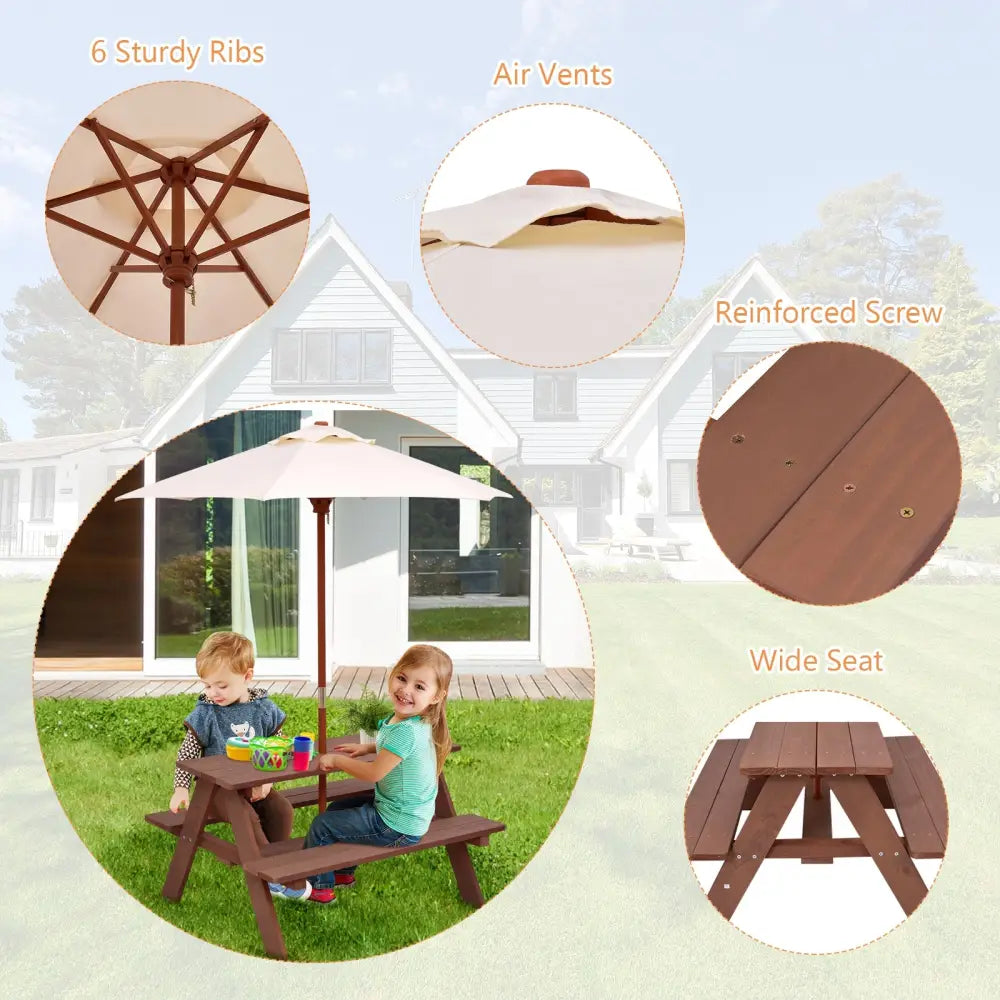 Outdoor 4-Seat Kid’s Picnic Table Bench with Umbrella - Brown - Kids Table & Chair Sets