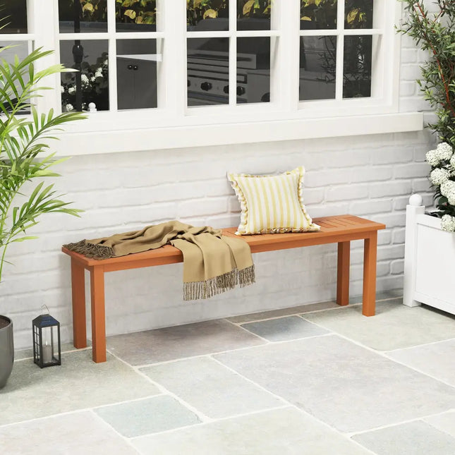 Outdoor 59 Inch Long Patio Dining Backless Wooden Bench with Teak Oil Finish - Natural - Outdoor Benches