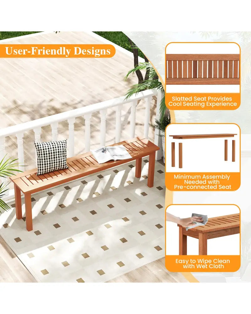 Outdoor 59 Inch Long Patio Dining Backless Wooden Bench with Teak Oil Finish - Natural - Outdoor Benches