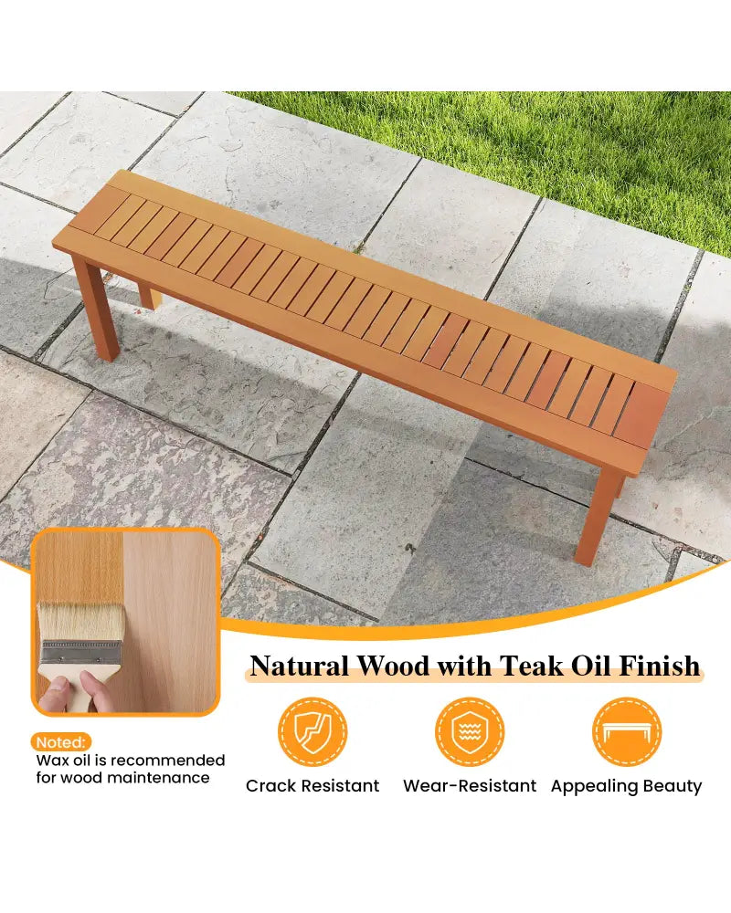 Outdoor 59 Inch Long Patio Dining Backless Wooden Bench with Teak Oil Finish - Natural - Outdoor Benches