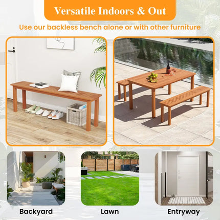 Outdoor 59 Inch Long Patio Dining Backless Wooden Bench with Teak Oil Finish - Natural - Outdoor Benches