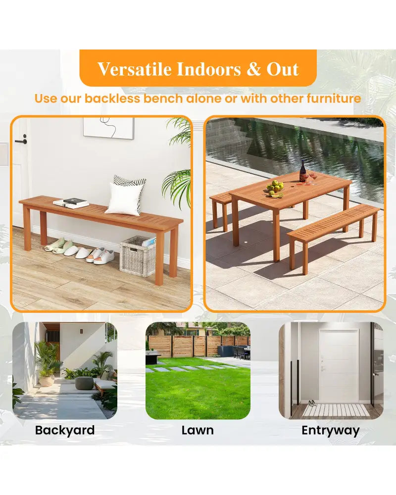 Outdoor 59 Inch Long Patio Dining Backless Wooden Bench with Teak Oil Finish - Natural - Outdoor Benches
