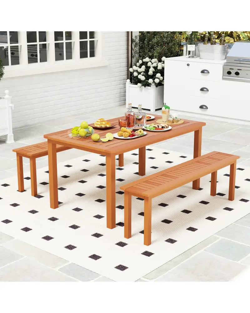 Outdoor 59 Inch Long Patio Dining Backless Wooden Bench with Teak Oil Finish - Natural - Outdoor Benches