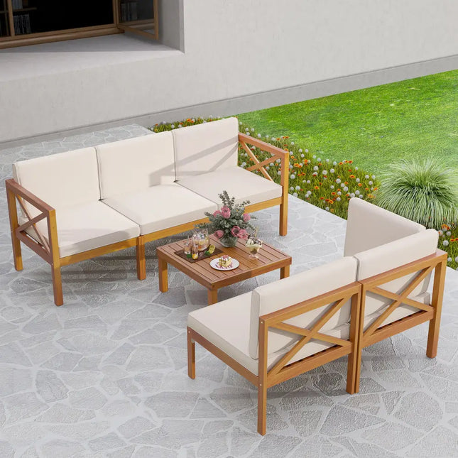 Outdoor 6 Pieces Acacia Wood Patio Sectional Furniture Set-White - Off White - Outdoor Sectionals