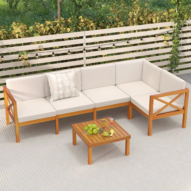 Outdoor 6 Pieces Acacia Wood Patio Sectional Furniture Set-White - Off White - Outdoor Sectionals