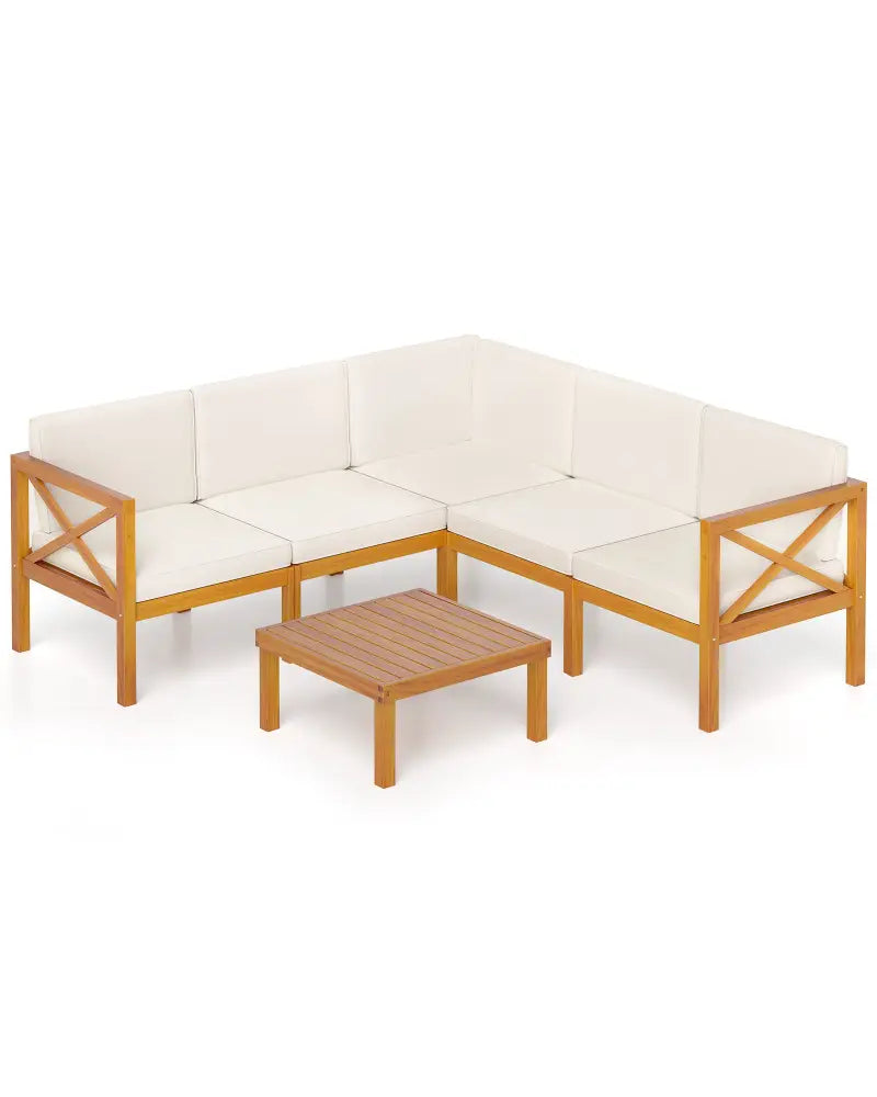 Outdoor 6 Pieces Acacia Wood Patio Sectional Furniture Set-White - Off White - Outdoor Sectionals