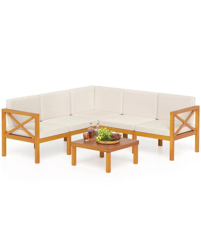 Outdoor 6 Pieces Acacia Wood Patio Sectional Furniture Set-White - Off White - Outdoor Sectionals