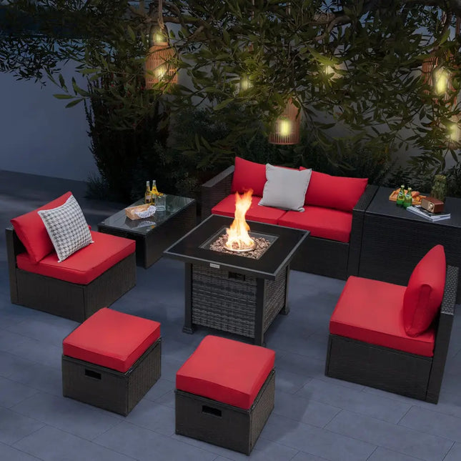 Outdoor 9 Pieces Patio Furniture Set with 50 000 BTU Propane Fire Pit Table-Red - Red - Outdoor Sectionals