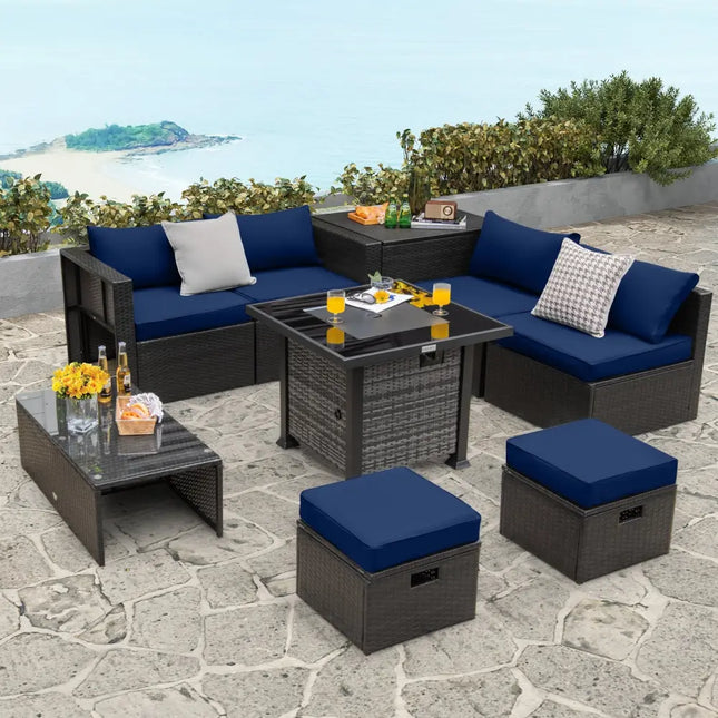 Outdoor 9 Pieces Patio Furniture Set with 50 000 BTU Propane Fire Pit Table-Navy - Navy - Outdoor Sectionals