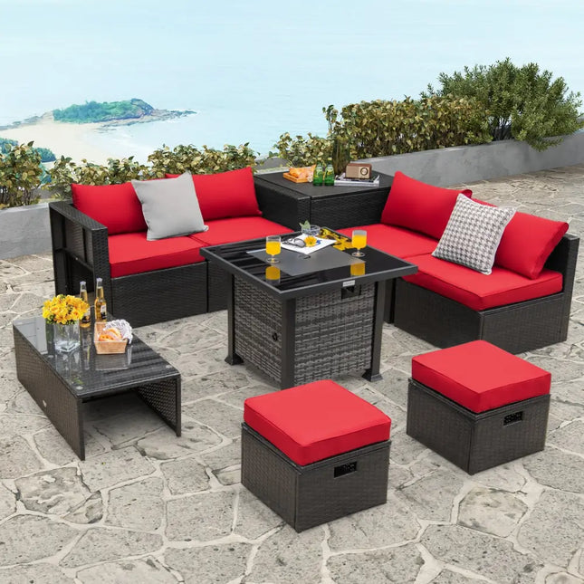 Outdoor 9 Pieces Patio Furniture Set with 50 000 BTU Propane Fire Pit Table-Red - Red - Outdoor Sectionals