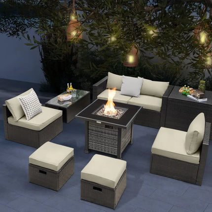 Outdoor 9 Pieces Patio Furniture Set with 50 000 BTU Propane Fire Pit Table-Off White - Off White - Outdoor Sectionals
