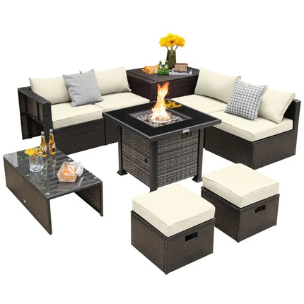 Outdoor 9 Pieces Patio Furniture Set with 50 000 BTU Propane Fire Pit Table-Off White - Off White - Outdoor Sectionals