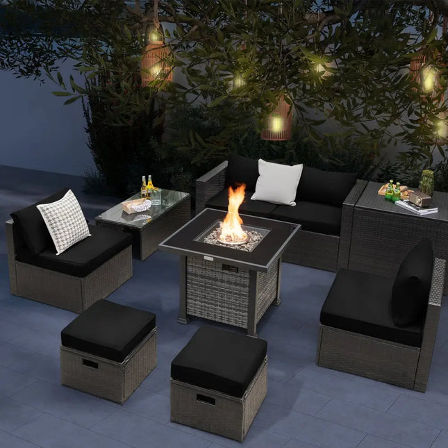 Outdoor 9 Pieces Patio Furniture Set with 50 000 BTU Propane Fire Pit Table-Black - Black - Outdoor Sectionals