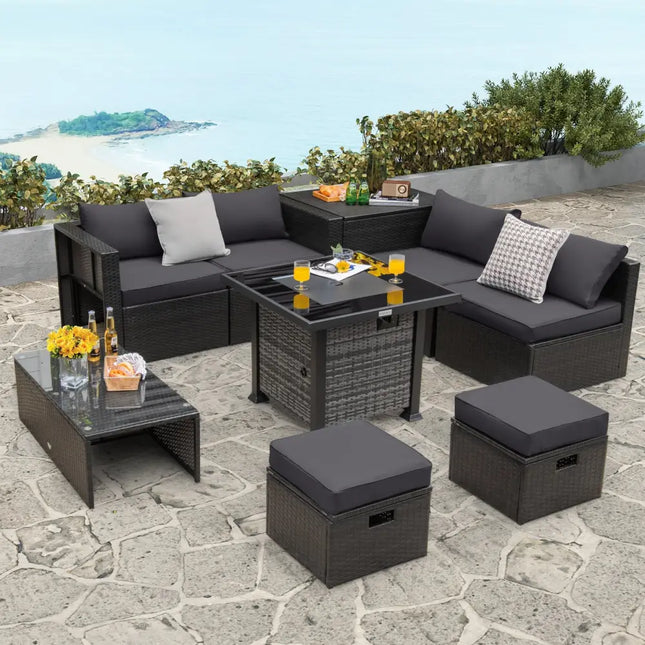 Outdoor 9 Pieces Patio Furniture Set with 50 000 BTU Propane Fire Pit Table-Gray - Gray - Outdoor Sectionals
