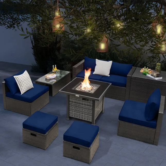 Outdoor 9 Pieces Patio Furniture Set with 50 000 BTU Propane Fire Pit Table-Navy - Navy - Outdoor Sectionals