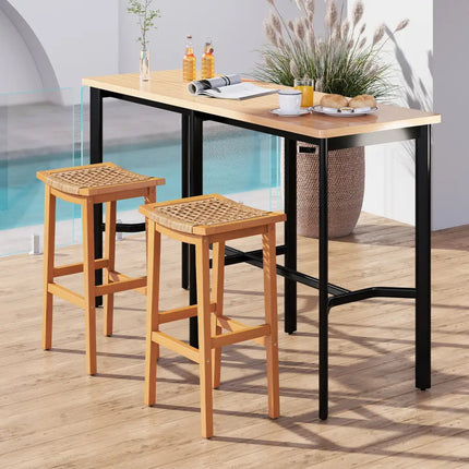 Outdoor Acacia Wood Bar Stools Set of 2 with PE Rattan Seats and Backrests - Patio Bar Furniture