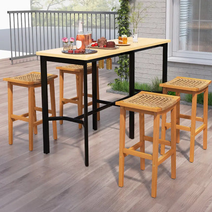 Outdoor Acacia Wood Bar Stools Set of 2 with PE Rattan Seats and Backrests - Patio Bar Furniture