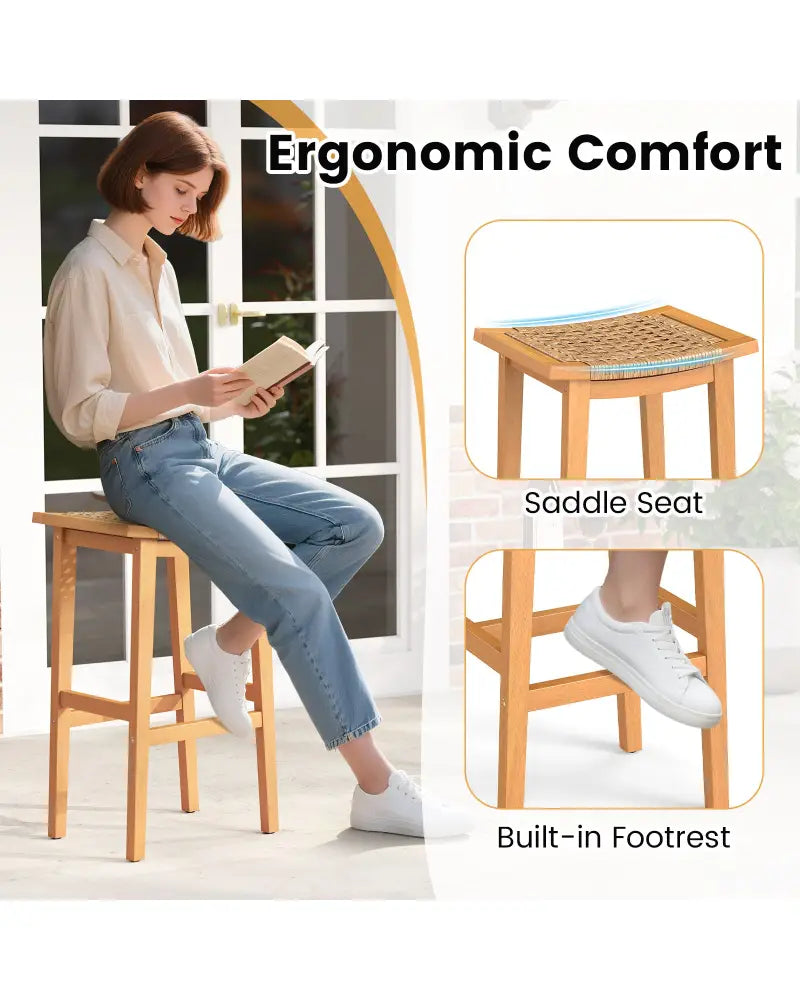 Outdoor Acacia Wood Bar Stools Set of 2 with PE Rattan Seats and Backrests - Patio Bar Furniture