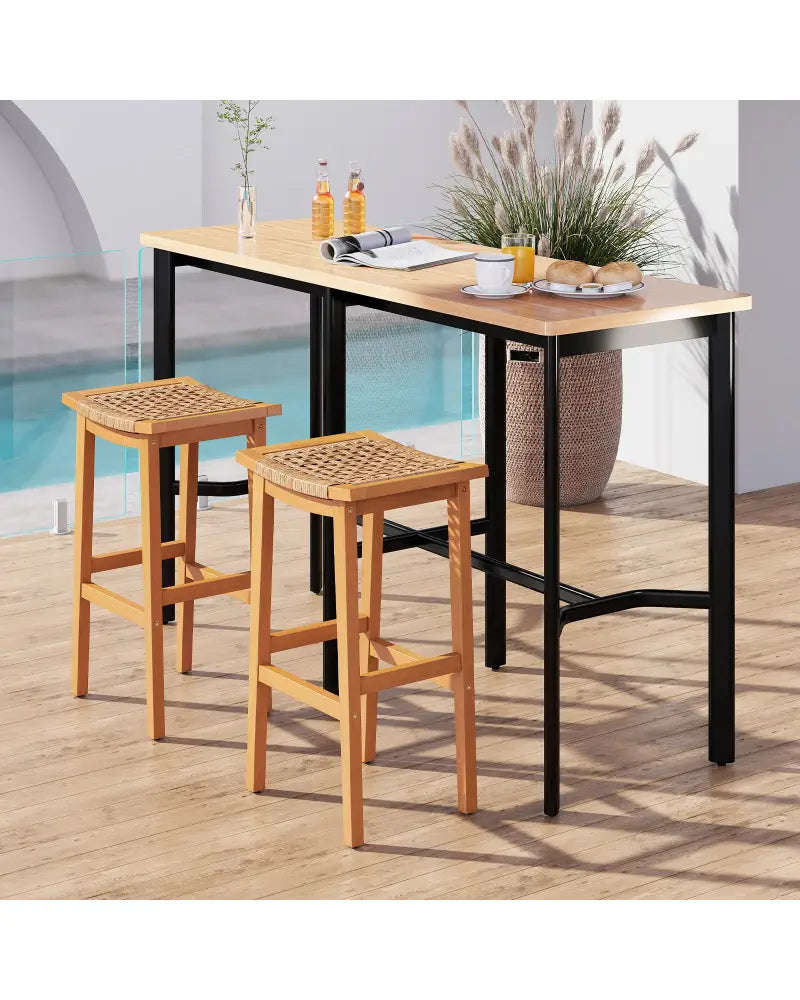 Outdoor Acacia Wood Bar Stools Set of 2 with PE Rattan Seats and Backrests - Patio Bar Furniture