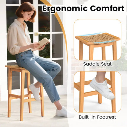 Outdoor Acacia Wood Bar Stools Set of 2 with PE Rattan Seats and Backrests - Patio Bar Furniture