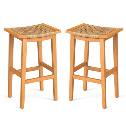 Outdoor Acacia Wood Bar Stools Set of 2 with PE Rattan Seats and Backrests - Patio Bar Furniture