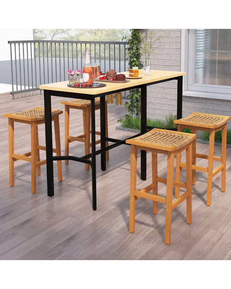Outdoor Acacia Wood Bar Stools Set of 2 with PE Rattan Seats and Backrests - Patio Bar Furniture