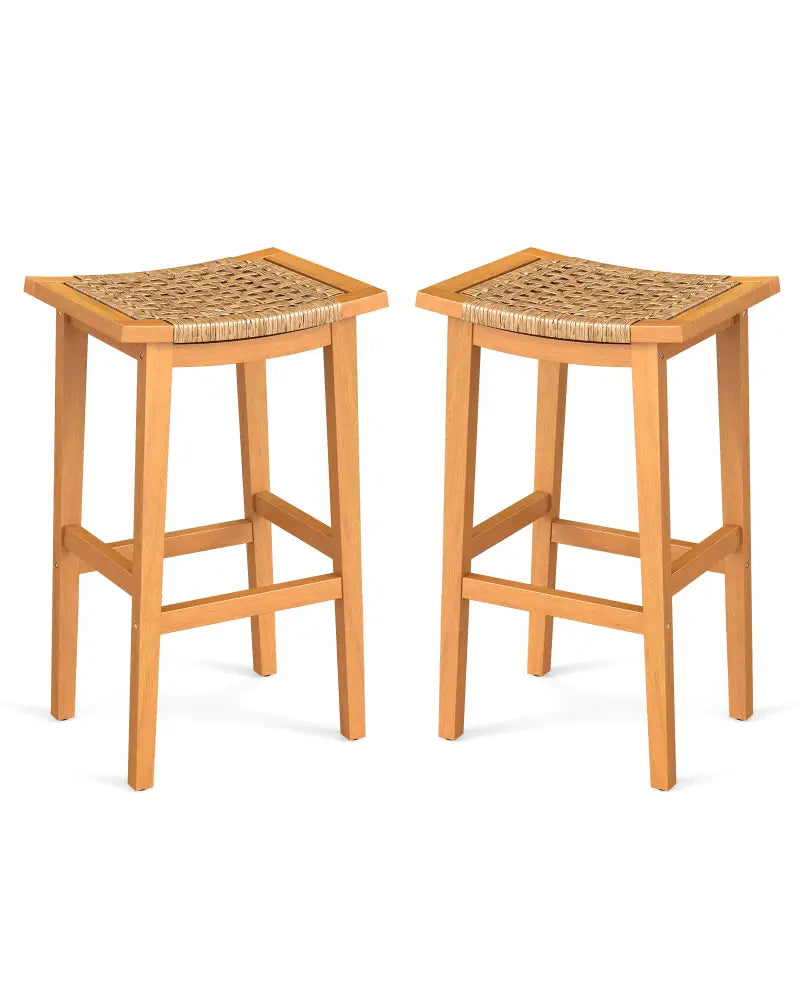 Outdoor Acacia Wood Bar Stools Set of 2 with PE Rattan Seats and Backrests - Patio Bar Furniture