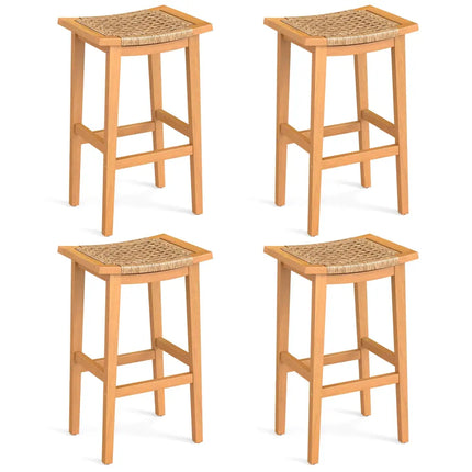 Outdoor Acacia Wood Bar Stools Set of 2 with PE Rattan Seats and Backrests - Patio Bar Furniture