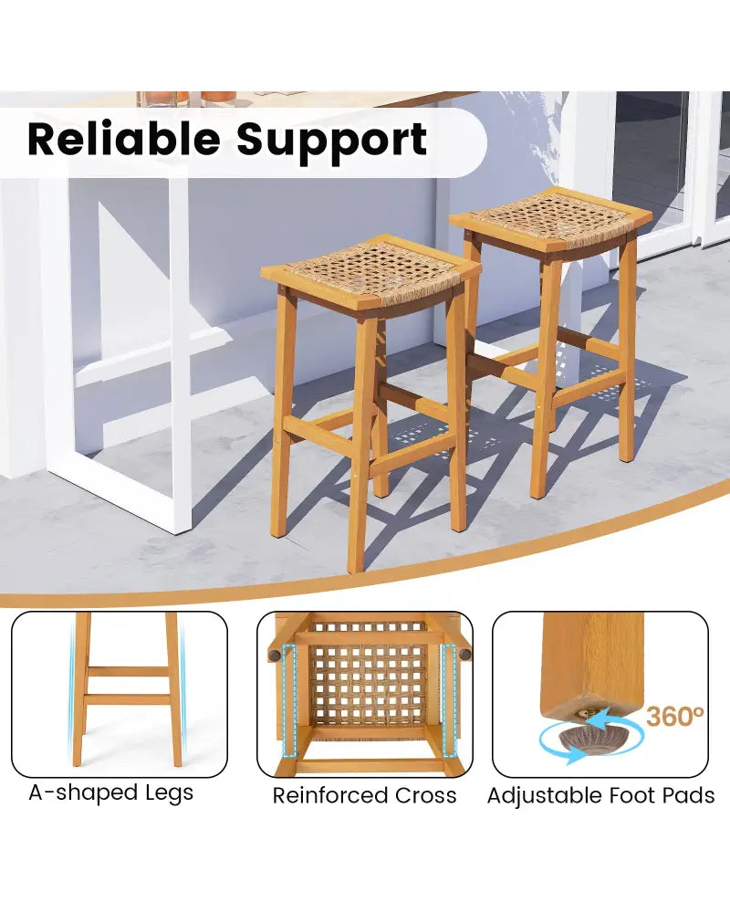 Outdoor Acacia Wood Bar Stools Set of 2 with PE Rattan Seats and Backrests - Patio Bar Furniture