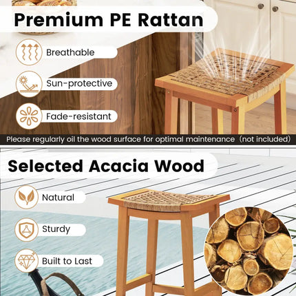 Outdoor Acacia Wood Bar Stools Set of 2 with PE Rattan Seats and Backrests - Patio Bar Furniture