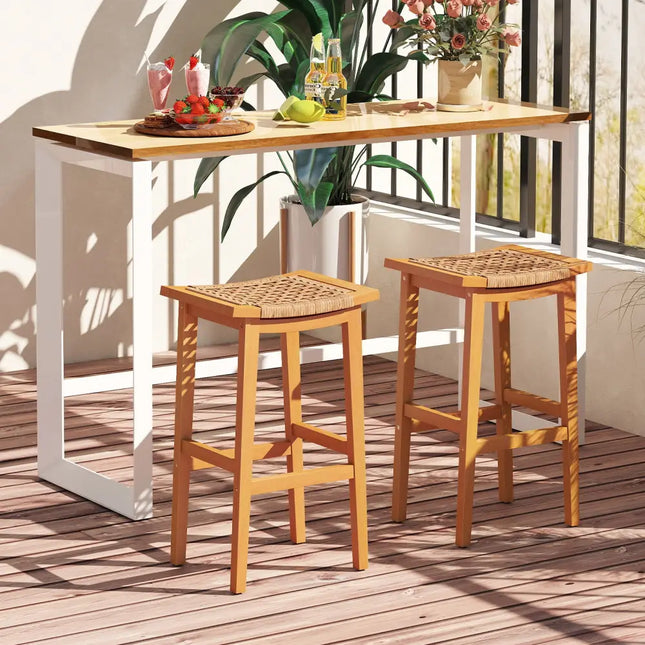 Outdoor Acacia Wood Bar Stools Set of 2 with PE Rattan Seats and Backrests - Patio Bar Furniture
