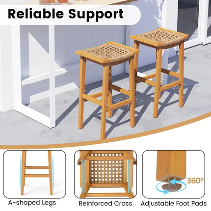 Outdoor Acacia Wood Bar Stools Set of 2 with PE Rattan Seats and Backrests - Patio Bar Furniture