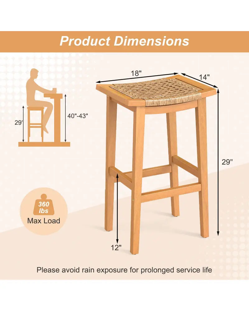 Outdoor Acacia Wood Bar Stools Set of 2 with PE Rattan Seats and Backrests - Patio Bar Furniture