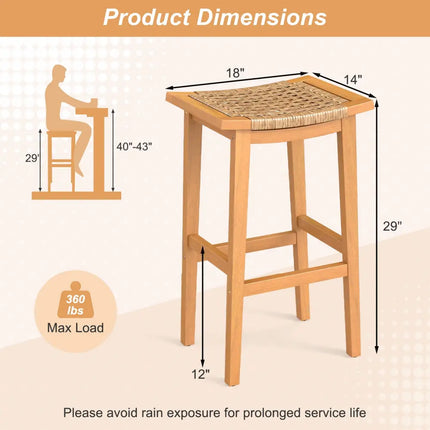 Outdoor Acacia Wood Bar Stools Set of 2 with PE Rattan Seats and Backrests - Patio Bar Furniture